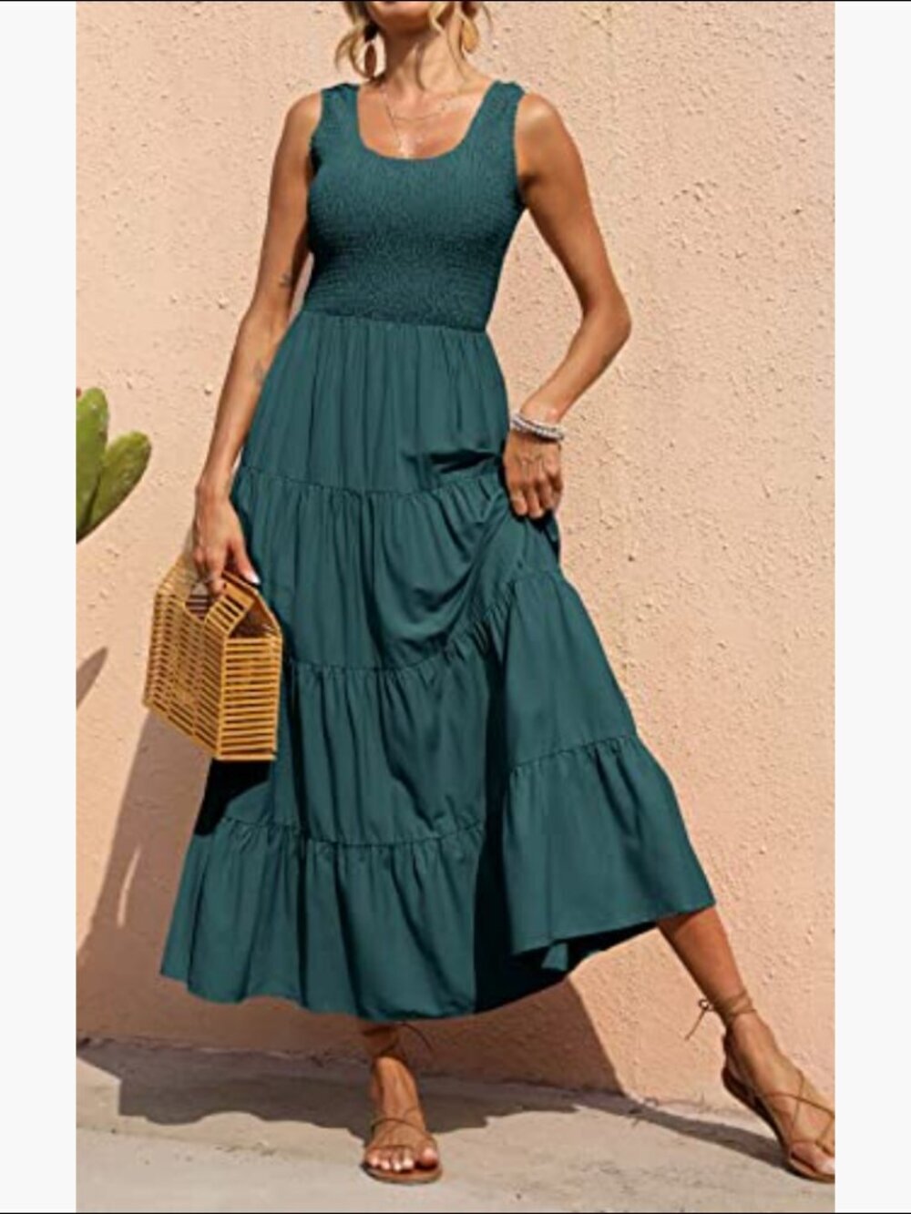Womens Boho Smocked Maxi Dress Teal Casual Tiered Sleeveless Beach Flowy - Picture 2 of 4